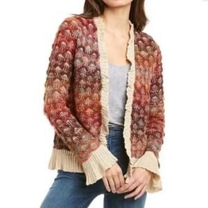 Nanette Lepore Ruffled Scallop Knit Sweater Open Front Cardigan